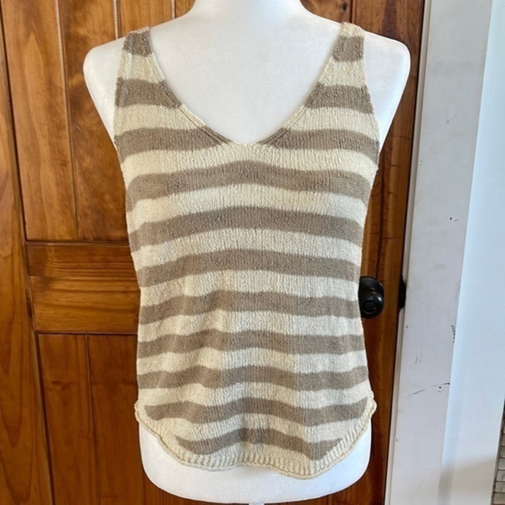 By Together Anthropologie Tan Cream Striped Knit Tank Small v neck sleeveless